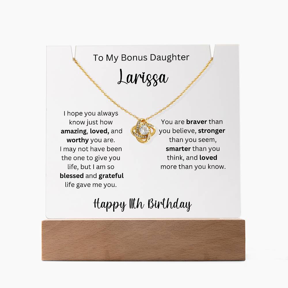 To My Bonus Daughter - Happy 11th Birthday - Keepsake Acrylic & Love Knot Necklace