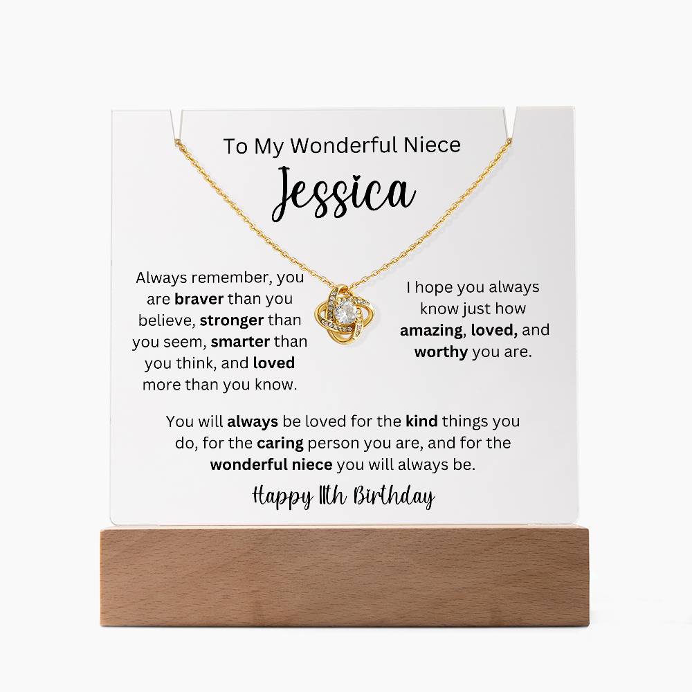 To My Wonderful Niece - Happy 11th Birthday - Keepsake Acrylic & Love Knot Necklace