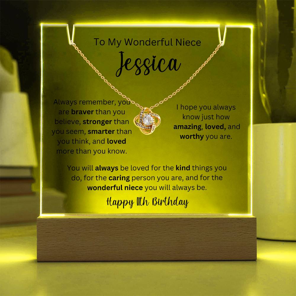 To My Wonderful Niece - Happy 11th Birthday - Keepsake Acrylic & Love Knot Necklace