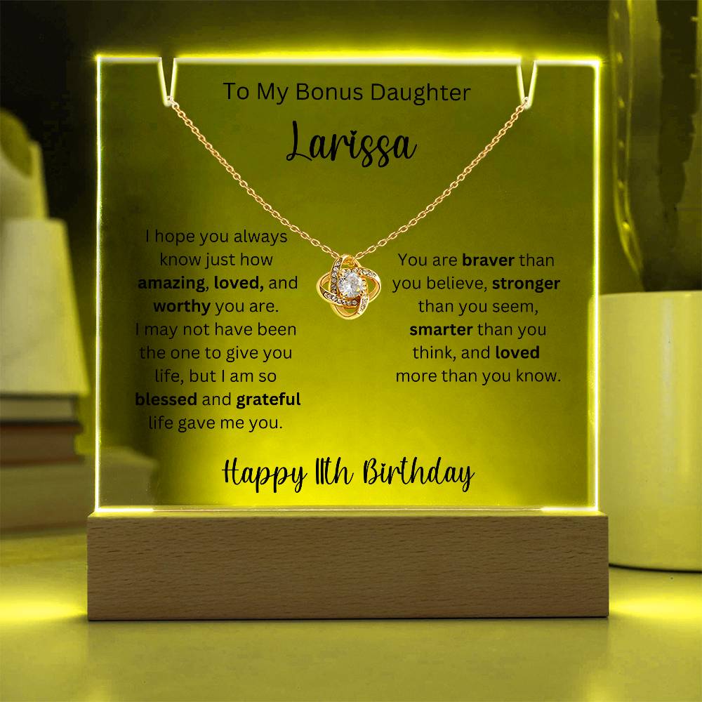 To My Bonus Daughter - Happy 11th Birthday - Keepsake Acrylic & Love Knot Necklace