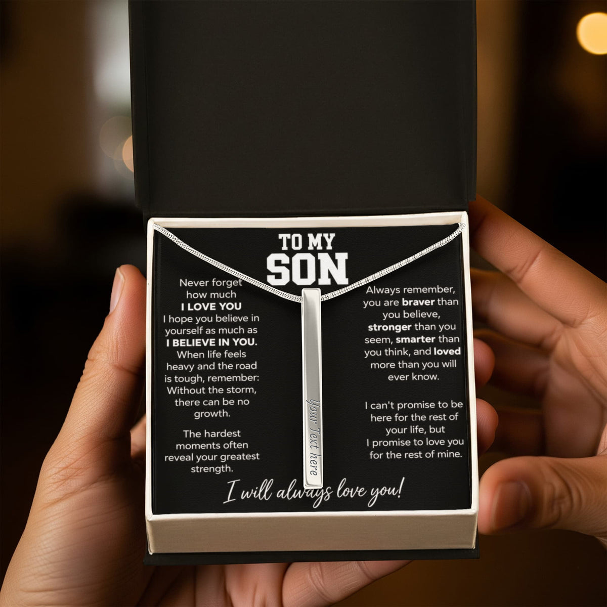To My Son - I Will Always Love You - 4 Sided Engraved Bar Necklace