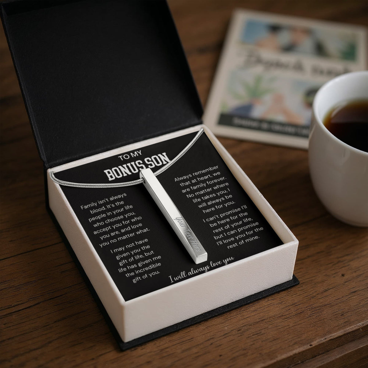 To My Bonus Son - Family Isn't Always Blood - Engraved 4-Sided Stick Necklace