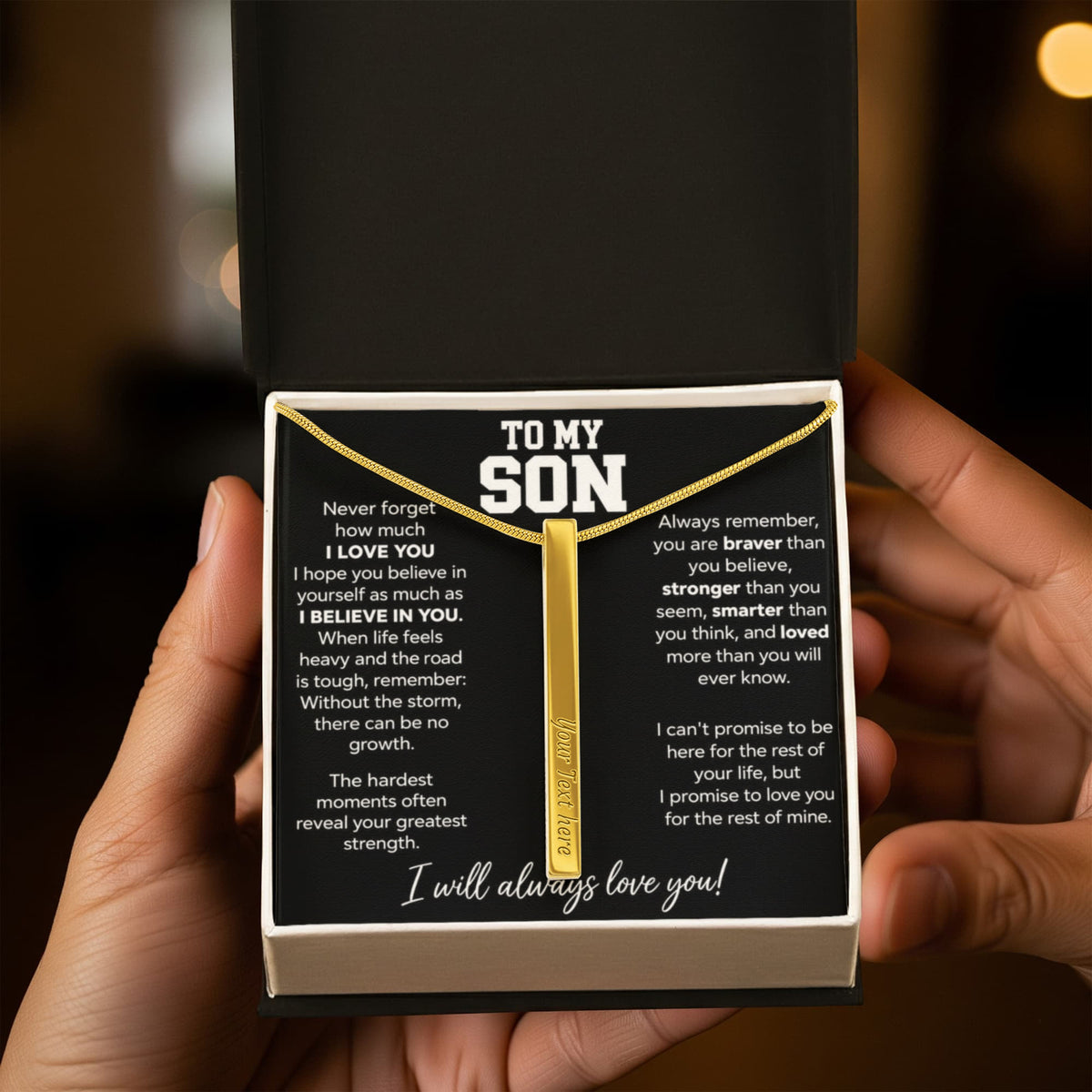 To My Son - I Will Always Love You - 4 Sided Engraved Bar Necklace