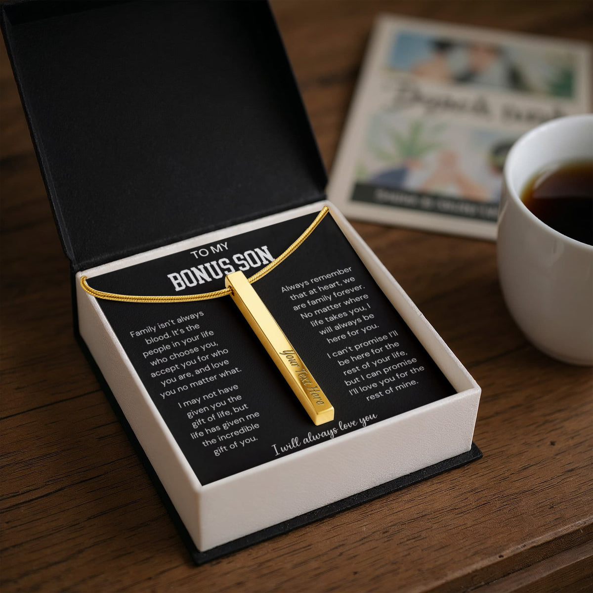 To My Bonus Son - Family Isn't Always Blood - Engraved 4-Sided Stick Necklace