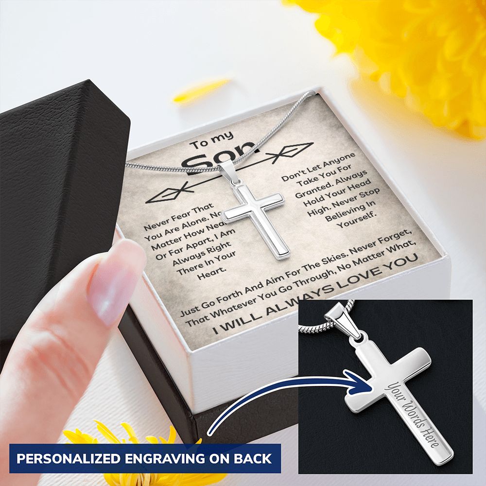 To My Son - Never Fear - Personalized Cross Necklace