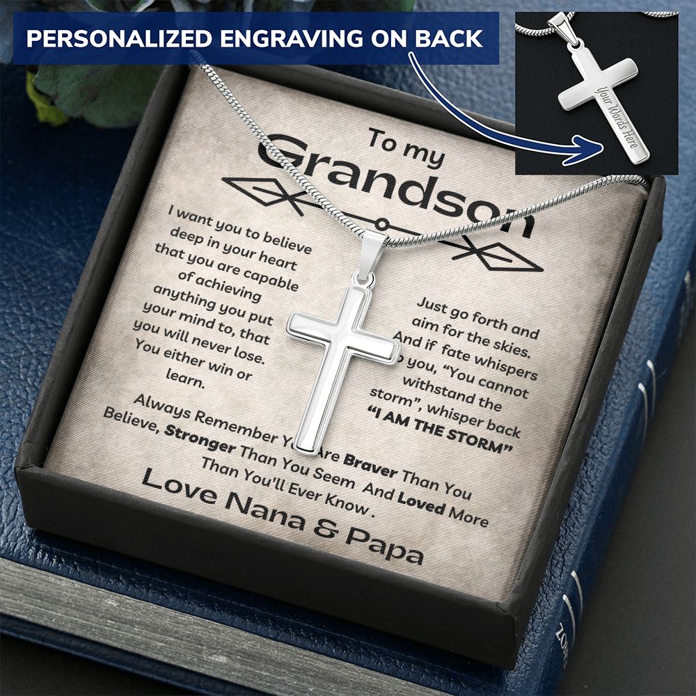 To My Grandson - From Nana And Papa - Personalized Cross Necklace