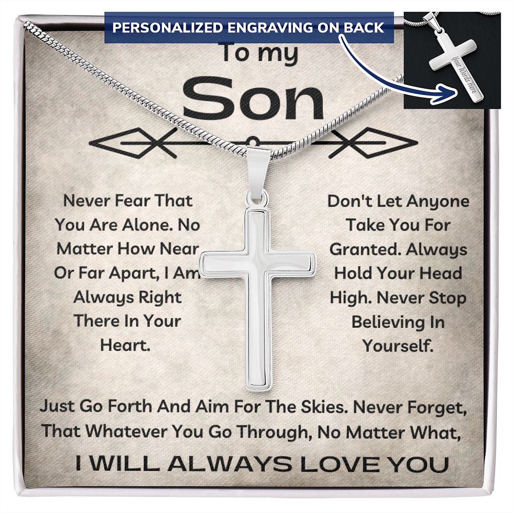 To My Son - Never Fear - Personalized Cross Necklace