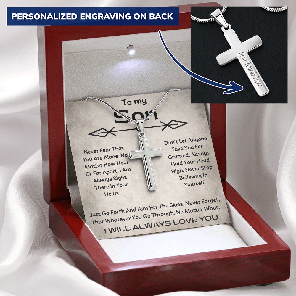 To My Son - Never Fear - Personalized Cross Necklace