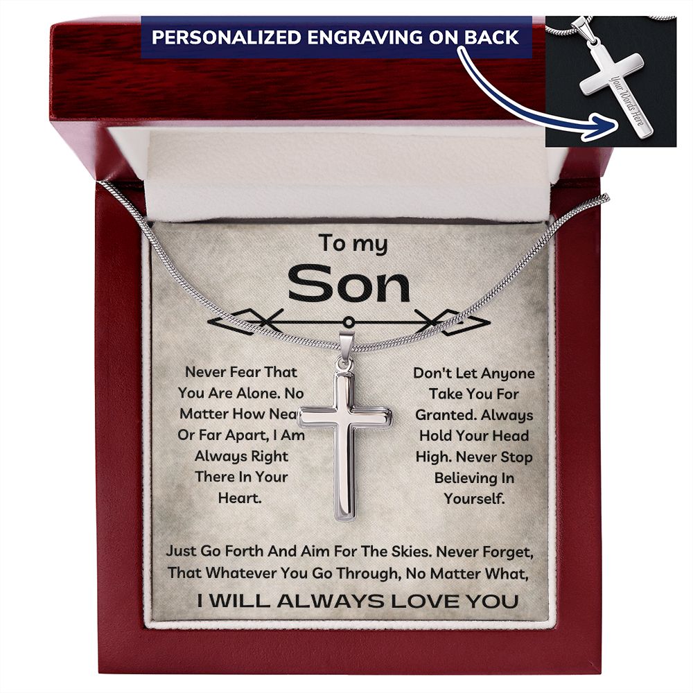 To My Son - Never Fear - Personalized Cross Necklace
